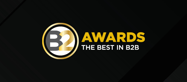 Logo for B2 Awards with the tagline ‘The Best in B2B’ on a black background, featuring a gold and gray circular design around the letters B2.