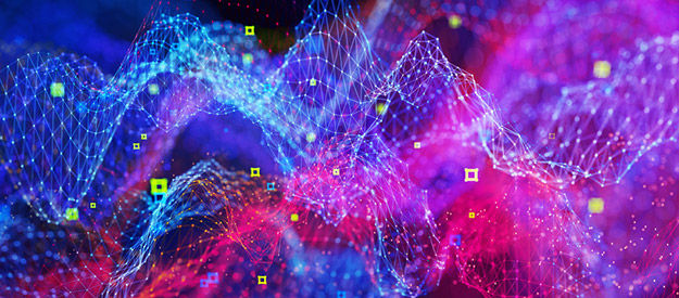 A vibrant abstract digital landscape featuring a mesh-like structure of interconnected lines and nodes. The background is illuminated with bright shades of blue, pink, and purple, while small colored squares—green, yellow, and others—are scattered throughout, evoking a futuristic visualization of data networks.