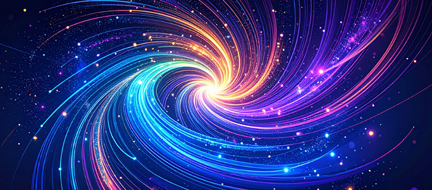 Abstract digital artwork of a swirling vortex made of vibrant light trails in blue, purple, and orange hues against a dark background, resembling a colorful spiral galaxy.