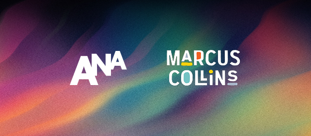 Colorful abstract gradient background with the white ANA logo on the left and the name ‘Marcus Collins’ in bold white letters on the right, featuring accented letters in orange and yellow.