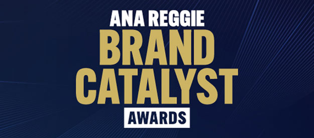 Logo for ANA Reggie Brand Catalyst Awards with bold gold and white text on a dark blue background.