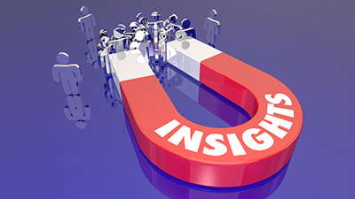A large red and white horseshoe magnet labeled 'INSIGHTS' attracting a group of small, stylized human figures on a reflective purple surface.