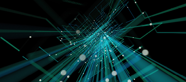 Abstract digital graphic with teal and blue lines forming a geometric tunnel, representing data flow and technology.
