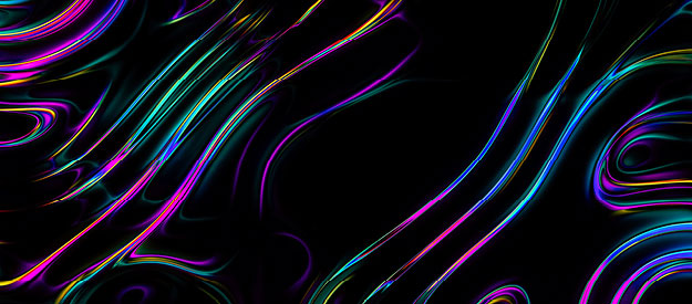 Colorful abstract shapes in neon hues set against a deep black background