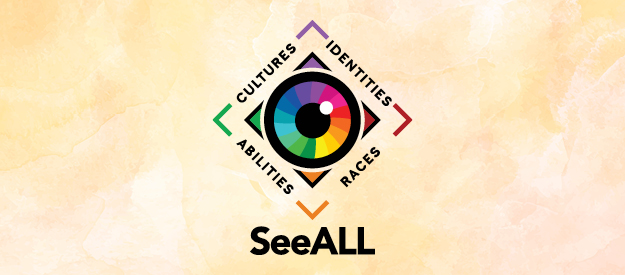 SeeALL logo on an orange patterned background