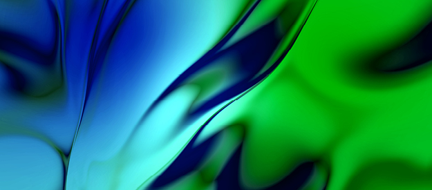 Abstract digital artwork featuring smooth, flowing shapes in vibrant blue and green tones blending together with soft gradients.