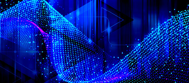 A flowing abstract background in blue with wave patterns and dotted accents