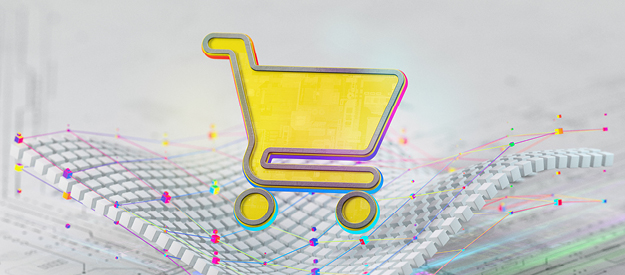Yellow shopping cart icon over a digital grid with colorful data points, symbolizing retail media and e-commerce technology.