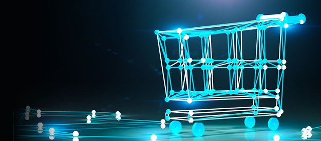 Digital wireframe of a shopping cart glowing in neon blue on a dark background, symbolizing online retail and e-commerce technology.