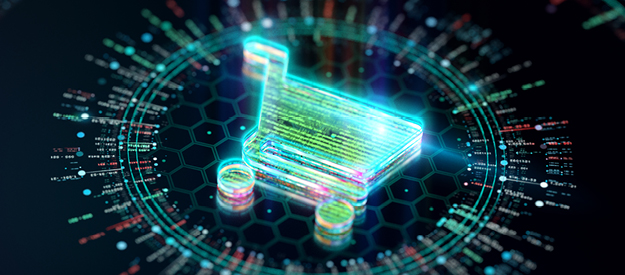 Digital shopping cart made of glowing code lines, surrounded by data points and holographic tech elements, symbolizing e-commerce and online retail technology.