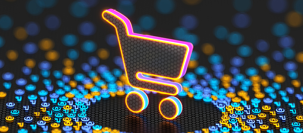 Glowing neon shopping cart icon on a hexagonal grid background, surrounded by digital symbols and numbers in blue and yellow.