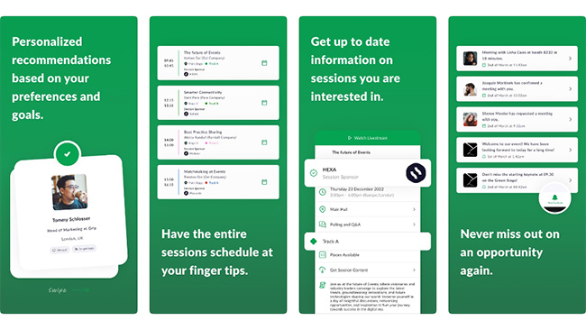 Four-panel image of the ANA Events app. Panel 1 shows personalized recommendations with a profile card, panel 2 displays a session schedule, panel 3 highlights real-time session updates, and panel 4 promotes timely notifications for meetings and events.