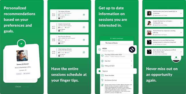 Four-panel image of the ANA Events app. Panel 1 shows personalized recommendations with a profile card, panel 2 displays a session schedule, panel 3 highlights real-time session updates, and panel 4 promotes timely notifications for meetings and events.