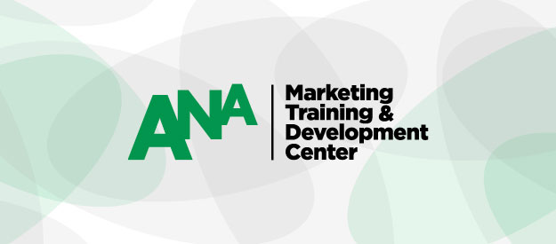 ANA Marketing Training & Development Center logo on a background featuring overlapping green and gray shapes