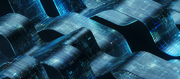 Blue ribbons covered with abstract wires wafting in an unseen breeze