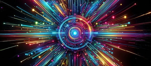 Vibrant lines in many colors emanating from a central blue robotic eye