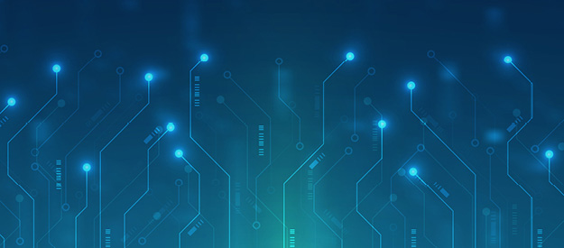 Abstract blue digital circuit pattern with glowing nodes on a dark gradient background, representing technology and connectivity.