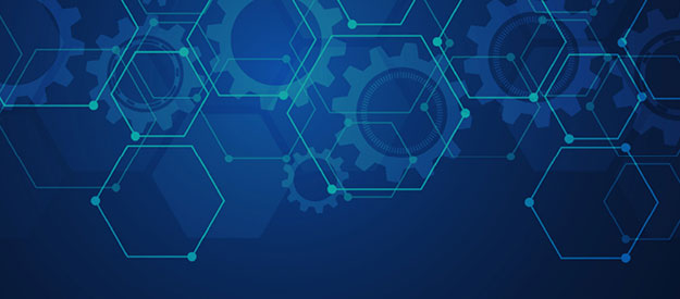 A blue geometric background with a blend of gears and hexagons