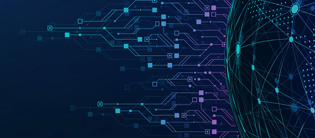A blue background featuring a circuit board design alongside a globe, symbolizing technology and global connectivity