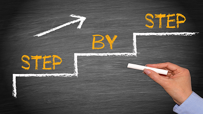 A hand holding a piece of chalk drawing a staircase on a blackboard, with each step labeled 'STEP BY STEP' in yellow and an upward-pointing arrow indicating progress.